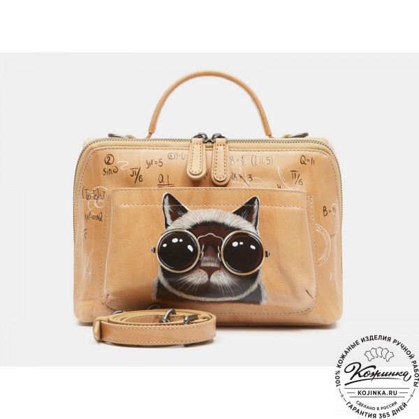 Женская кожаная сумка "Крис" "Кот в очках". фото 1